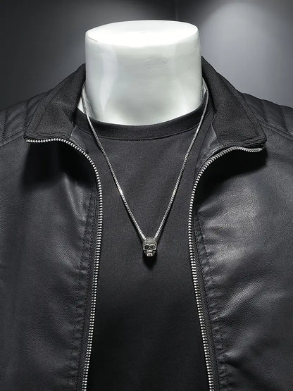 Men's Stand Collar Faux Leather Jacket Zip-Up Solid Color Casual Outerwear with Pockets