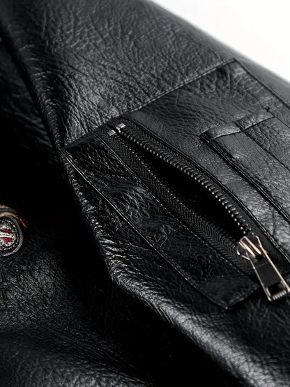 Men's Vintage Bomber Jacket PU Leather Zip-Up Baseball Collar with Patches Brown Glossy Outerwear Brown