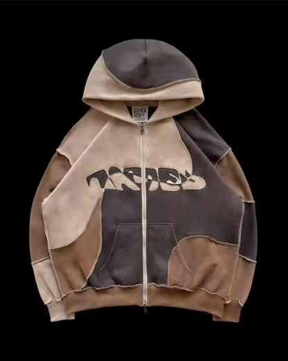 Men's & Women's Matching Hooded Sweater Oversized Zip-Up Color Block Casual Couple Outerwea Brown