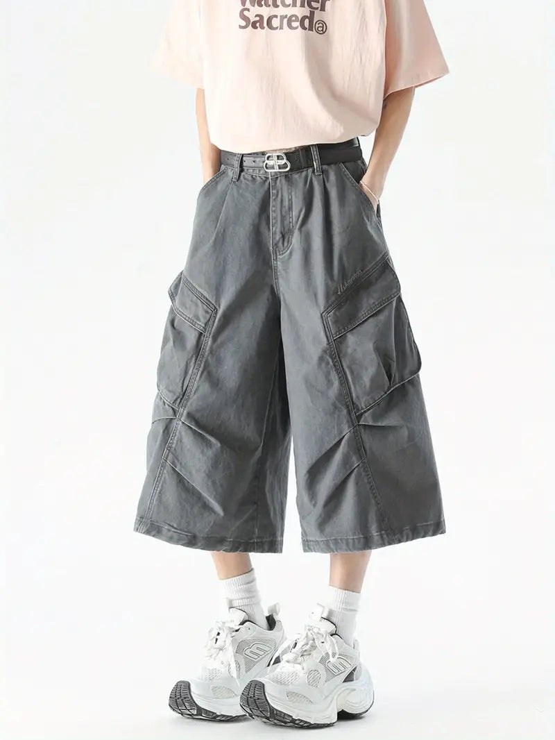 Men’s Brown Cargo Shorts – Loose Fit Striped Design with Drawstring Waist & Large Utility Pockets Grey