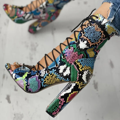 Women’s Chunky Heel Platform Lace-Up High Heels – Open-Toe Dress Shoes with Arch Support, Multicolor Synthetic Upper & TPR Sole