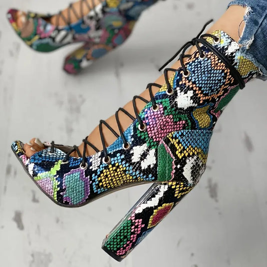 Women’s Chunky Heel Platform Lace-Up High Heels – Open-Toe Dress Shoes with Arch Support, Multicolor Synthetic Upper & TPR Sole