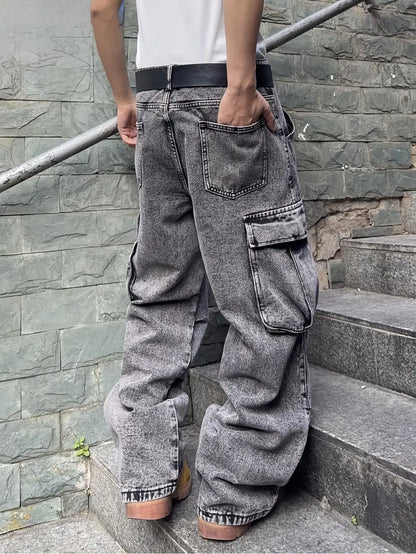 Men’s Solid Color Wide-Leg Jeans – Regular Fit Denim with Raw Hem & Button Closure for All-Season Wear