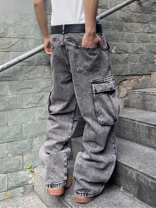 Men’s Solid Color Wide-Leg Jeans – Regular Fit Denim with Raw Hem & Button Closure for All-Season Wear