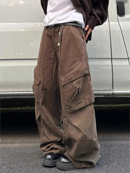 Men’s Vintage Wide-Leg Pants – Loose Fit Cotton Trousers with Pockets & Drawstring Waist