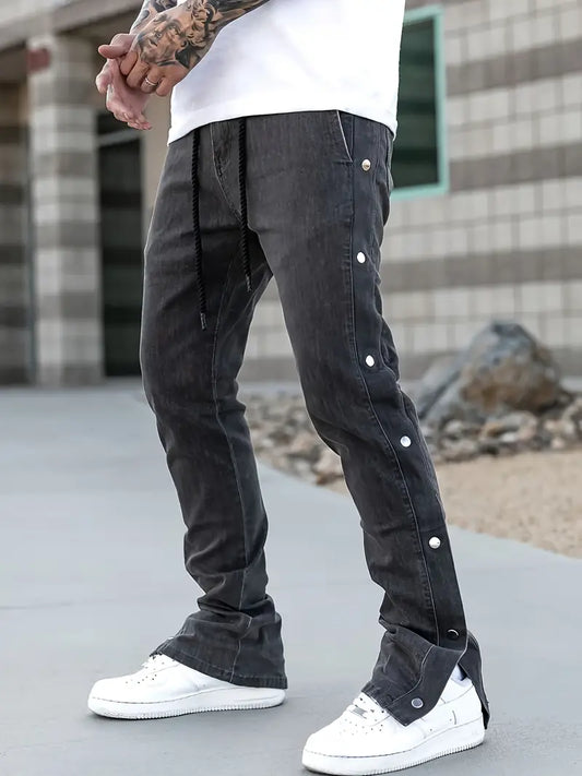 Men’s Flared Streetwear Jeans – Drawstring Waist Faux Denim with Button Closure & Stretch Fit