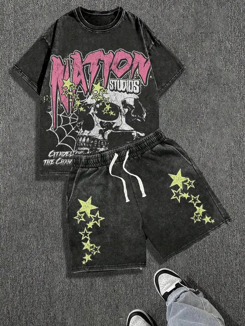 Men's Gothic Skull & Stars Print Set Washed Cotton T-Shirt and Shorts Combo Casual Outdoor Streetwear