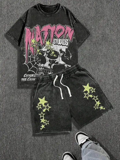 Men's Gothic Skull & Stars Print Set Washed Cotton T-Shirt and Shorts Combo Casual Outdoor Streetwear