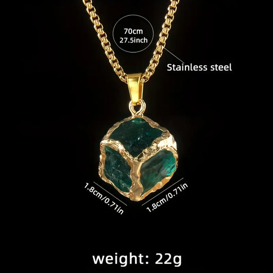 Plated Stainless Steel Necklace – Crystal Cube Pendant, Polychrome Finish, Fashion Jewelry Gift for Women & Teens