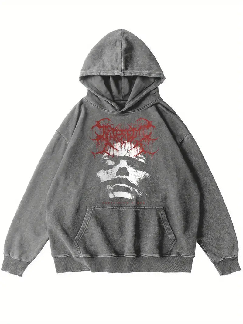 Men's Retro Washed Hoodie "ALONE" Graphic Funny Print Cotton Blend Pullover for Autumn Winter