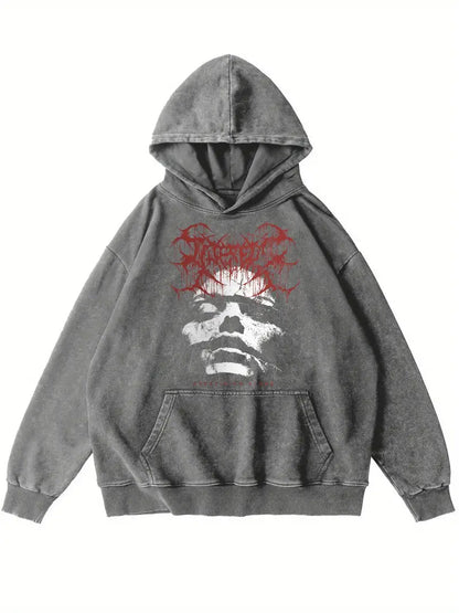 Men's Retro Washed Hoodie "ALONE" Graphic Funny Print Cotton Blend Pullover for Autumn Winter