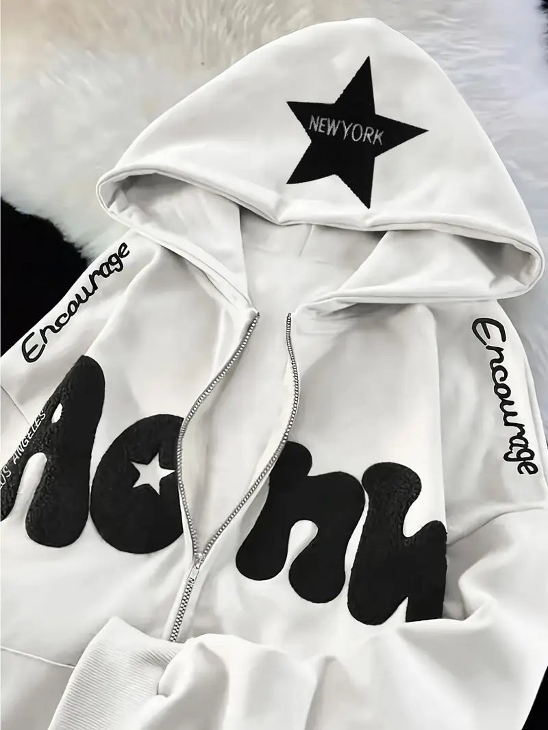 Women's Y2K Oversized Hooded Sweatshirt with Fleece Lining Zip-Up Closure Star Print White