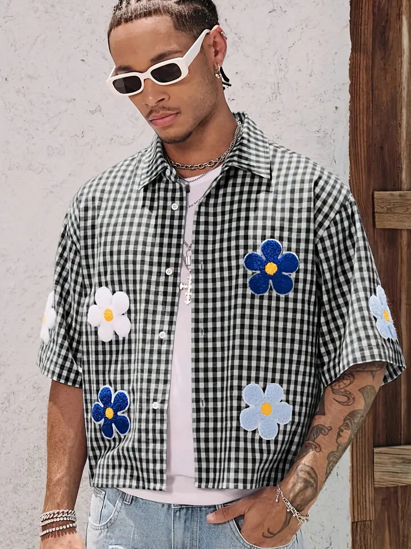 Men's White Gingham Shirt with Floral Embroidery Short Sleeve Button-Up Lightweight Summer Streetwear