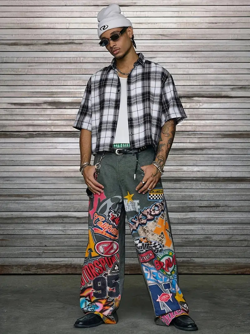 Men's Casual Short Sleeve Striped Print Shirt Loose Fit Button-Up Plaid and Solid Color Splice Design