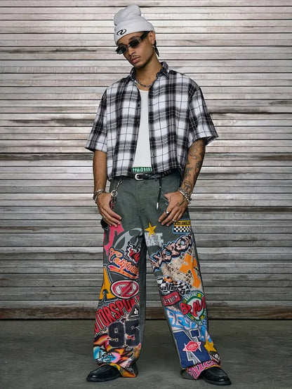 Men's Casual Short Sleeve Striped Print Shirt Loose Fit Button-Up Plaid and Solid Color Splice Design