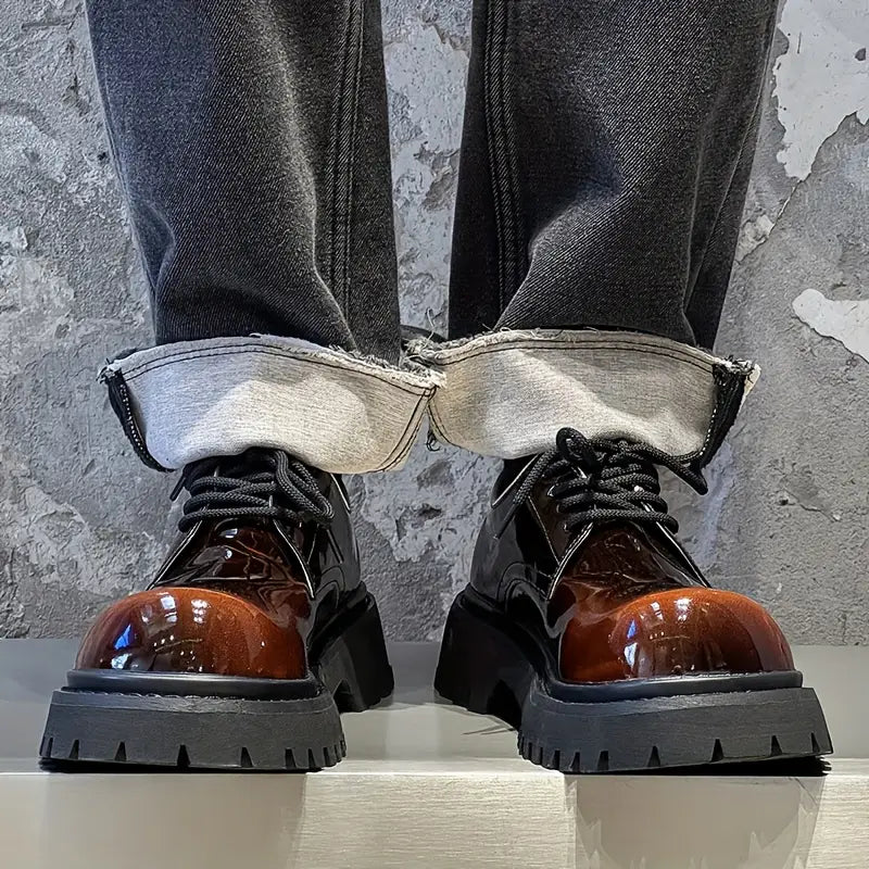 Men's Glossy Low-Top Sneakers – Brown, Round Toe, Cushioned Insole, Non-Slip Sole, Casual & Formal