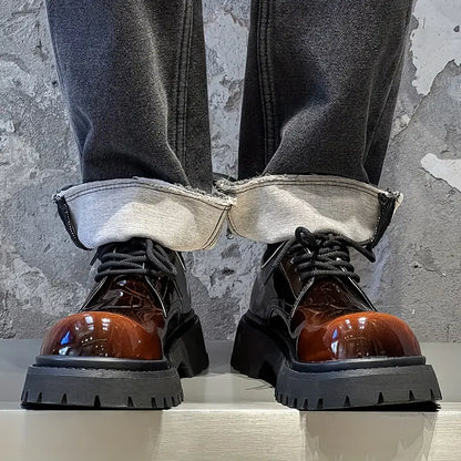 Men's Glossy Low-Top Sneakers – Brown, Round Toe, Cushioned Insole, Non-Slip Sole, Casual & Formal