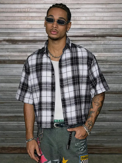 Men's Casual Short Sleeve Striped Print Shirt Loose Fit Button-Up Plaid and Solid Color Splice Design