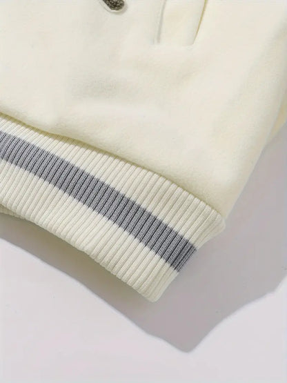 Men's Embroidered Striped Jacket Button-Up Lapel Casual Long Sleeve Outerwear for Fall Winter Black