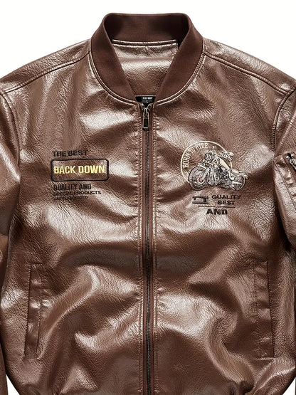Men's Vintage Bomber Jacket PU Leather Zip-Up Baseball Collar with Patches Brown Glossy Outerwear Brown