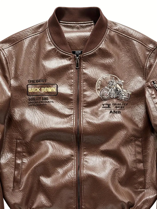 Men's Vintage Bomber Jacket PU Leather Zip-Up Baseball Collar with Patches Brown Glossy Outerwear Brown