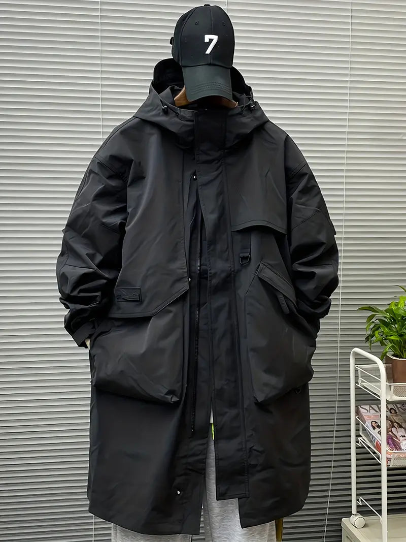 Men's Heavy-Duty Hooded Workwear Jacket Zip-Up Mid-Thigh Length Outdoor Industrial Winter Coat