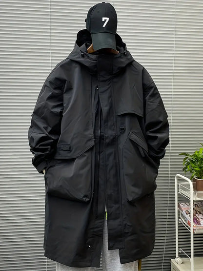 Men's Heavy-Duty Hooded Workwear Jacket Zip-Up Mid-Thigh Length Outdoor Industrial Winter Coat