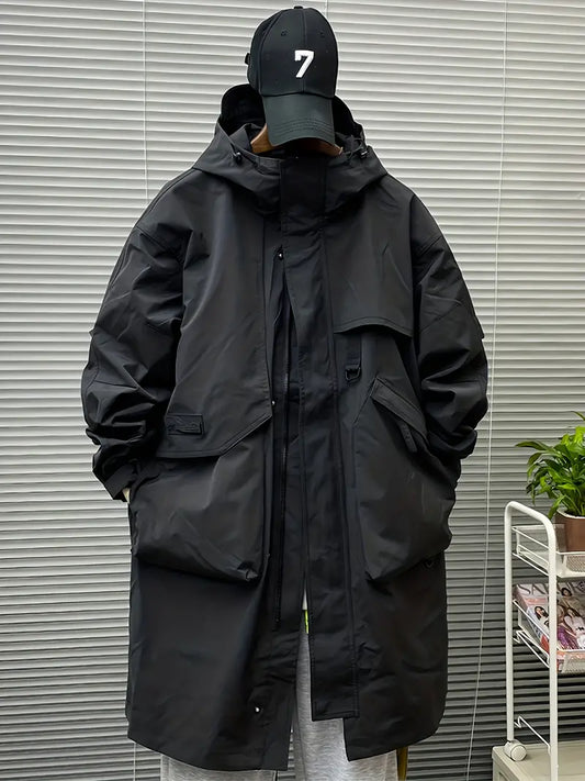 Men's Heavy-Duty Hooded Workwear Jacket Zip-Up Mid-Thigh Length Outdoor Industrial Winter Coat