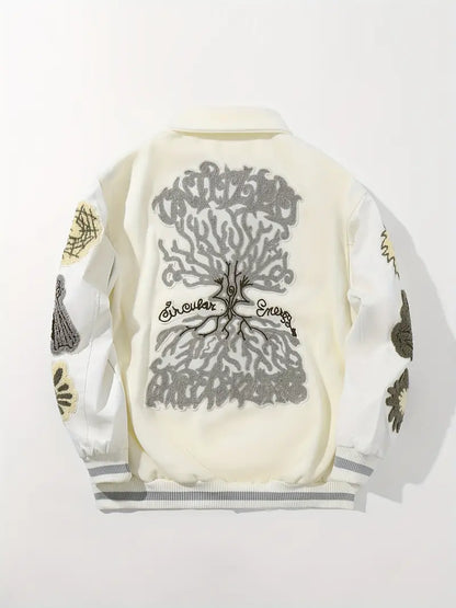 Men's Embroidered Striped Jacket Button-Up Lapel Casual Long Sleeve Outerwear for Fall Winter Black