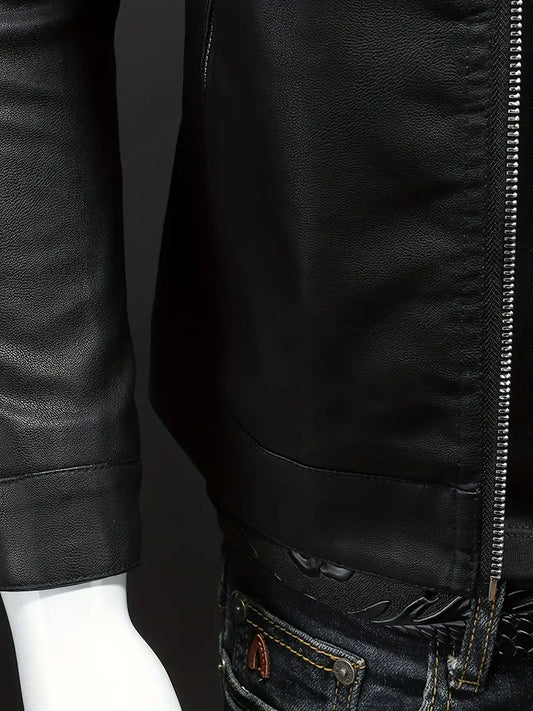 Men's Stand Collar Faux Leather Jacket Zip-Up Solid Color Casual Outerwear with Pockets