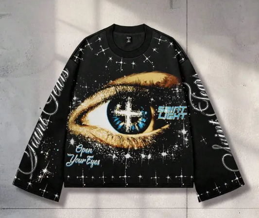 Men’s Black Gothic Eye Graphic Hoodie – Golden Glitter Lettering, Pullover Streetwear for Spring/Summer