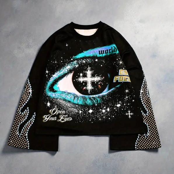 Men’s Retro Oversized Graphic T-Shirt – Flared Long Sleeves, Black & Golden Vintage Eye Print, Heavyweight Streetwear Top