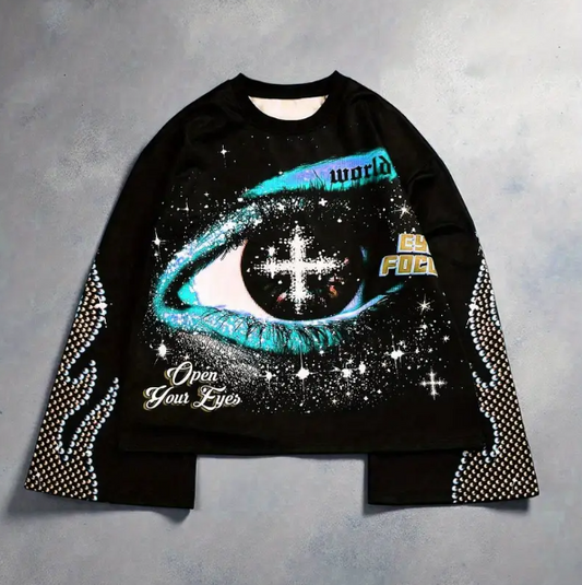 Men’s Retro Oversized Graphic T-Shirt – Flared Long Sleeves, Black & Golden Vintage Eye Print, Heavyweight Streetwear Top