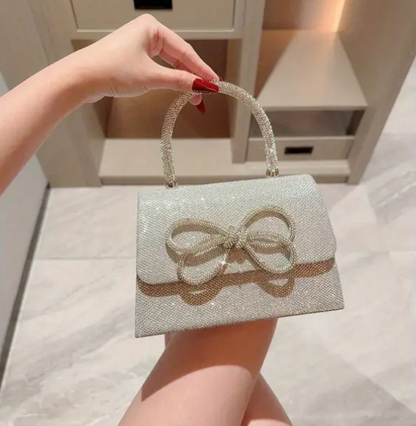 Women's Luxury Shiny Evening Clutch – Square Glitter Handbag with Rhinestone Bowknot, Zipper Closure & Top Handle for Weddings, Prom & Formal Events