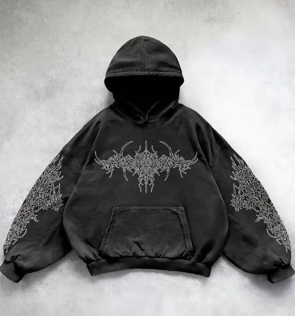 Women's Gothic Punk Y2K Oversized Hoodie with Tribal Print Vintage Washed Black Loose Fit Streetwear