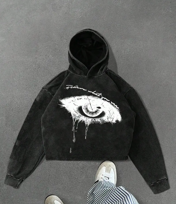 Men's Grunge Graphic Hoodie Black Oversized Cropped Fit with White Paint Gothic Streetwear