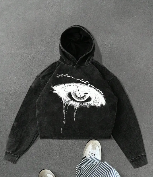 Men's Grunge Graphic Hoodie Black Oversized Cropped Fit with White Paint Gothic Streetwear