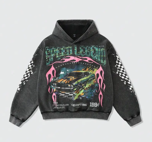 Men's Vintage Washed Hoodie Retro 80s Neon Racing Graphic Black Pullover with Pink Green Accents