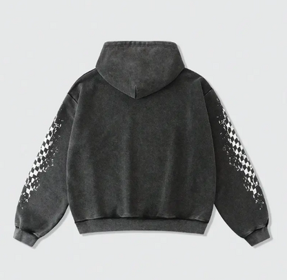 Men's Vintage Washed Hoodie Retro 80s Neon Racing Graphic Black Pullover with Pink Green Accents