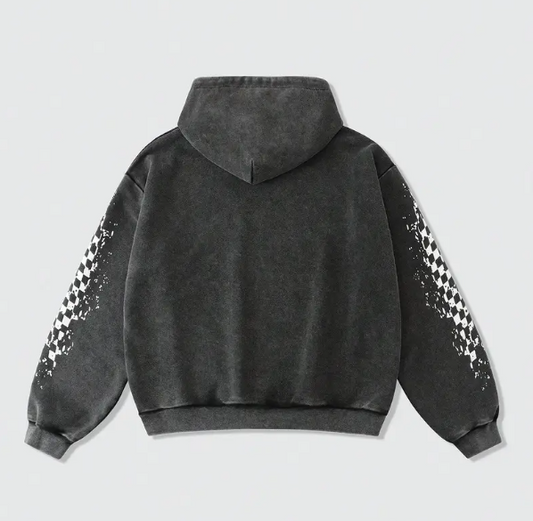 Men's Vintage Washed Hoodie Retro 80s Neon Racing Graphic Black Pullover with Pink Green Accents