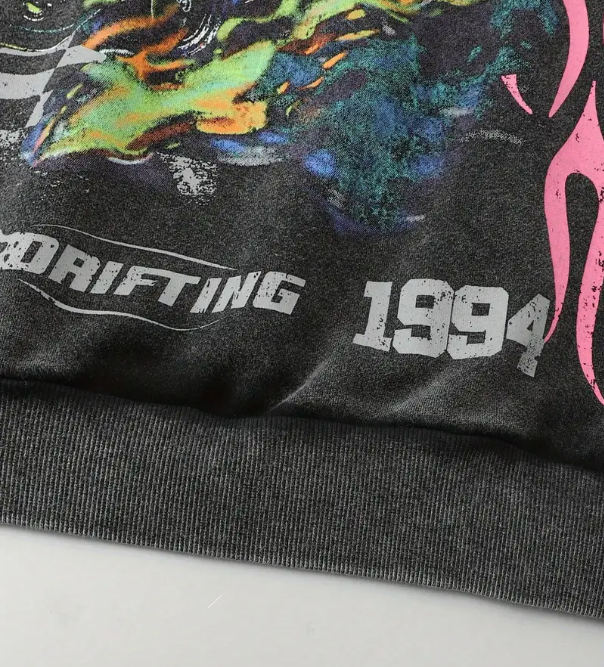 Men's Vintage Washed Hoodie Retro 80s Neon Racing Graphic Black Pullover with Pink Green Accents
