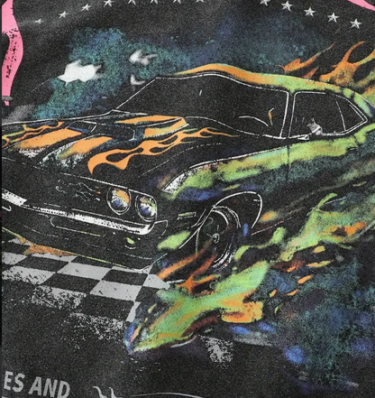 Men's Vintage Washed Hoodie Retro 80s Neon Racing Graphic Black Pullover with Pink Green Accents