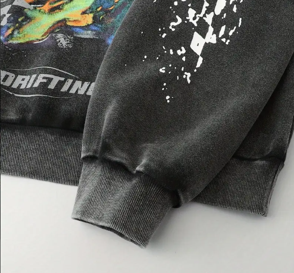 Men's Vintage Washed Hoodie Retro 80s Neon Racing Graphic Black Pullover with Pink Green Accents