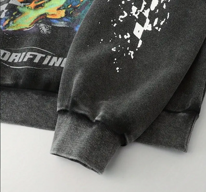 Men's Vintage Washed Hoodie Retro 80s Neon Racing Graphic Black Pullover with Pink Green Accents