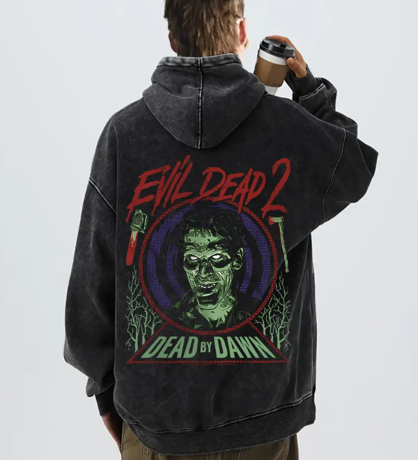 Men's Vintage Washed Hoodie Zombie Print Cotton Blend Long Sleeve Graphic Sweatshirt Fall Winter
