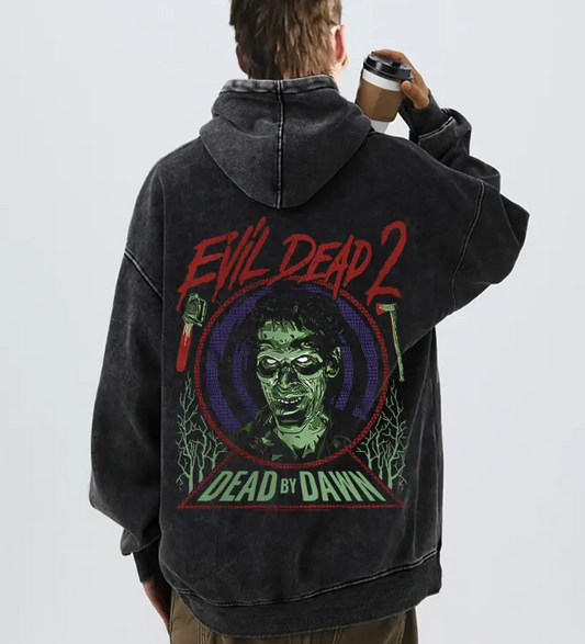 Men's Vintage Washed Hoodie Zombie Print Cotton Blend Long Sleeve Graphic Sweatshirt Fall Winter