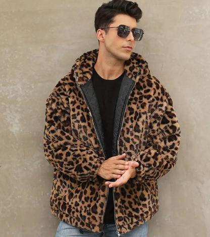 Men's Leopard Print Jacket Loose Fit Baseball Coat Full-Zip Hooded Collar Non-Stretch Fabric Streetwear