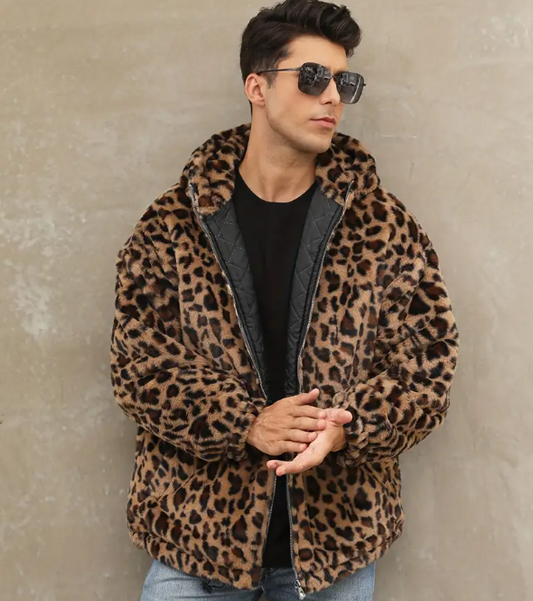 Men's Leopard Print Jacket Loose Fit Baseball Coat Full-Zip Hooded Collar Non-Stretch Fabric Streetwear