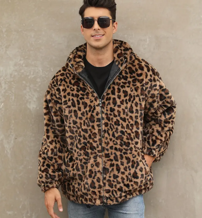 Men's Leopard Print Jacket Loose Fit Baseball Coat Full-Zip Hooded Collar Non-Stretch Fabric Streetwear