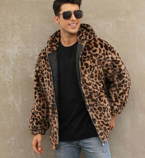 Men's Leopard Print Jacket Loose Fit Baseball Coat Full-Zip Hooded Collar Non-Stretch Fabric Streetwear